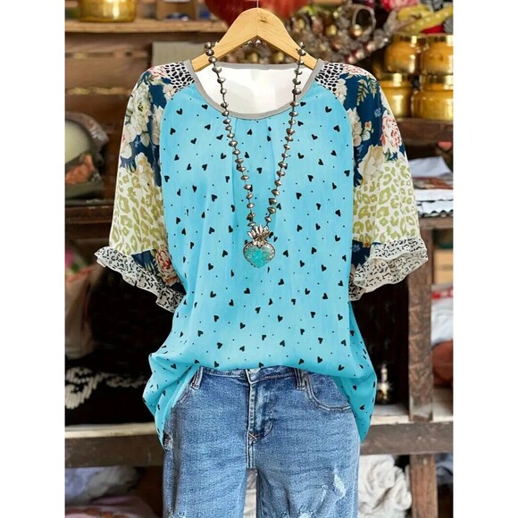 NEW Chic Flounce Sleeve Blouse Leopard & Heart Print Crew Neck Top Size L Blue - Picture 4 of 10
